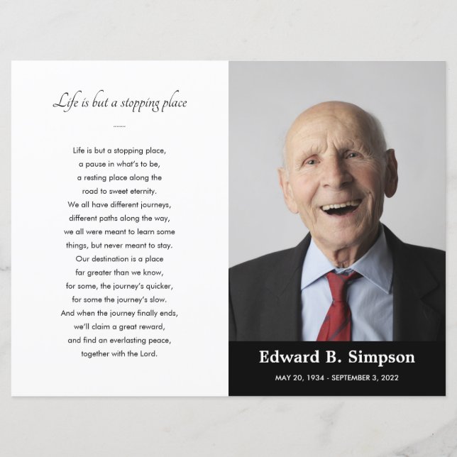 Papier Black Celebration of Life Funeral Program Photo (Devant)