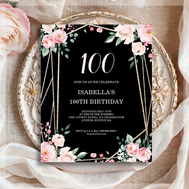 Papier Black Floral 100e Budget Invitation Anniversaire (Créateur téléchargé)