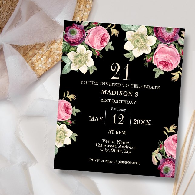 Papier Black Floral 21ème Budget Invitation Anniversaire (Créateur téléchargé)