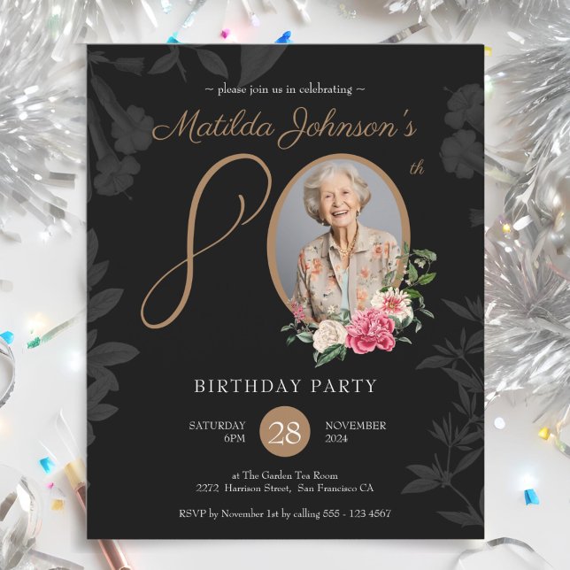 Papier Black Floral 80th Birthday Party Invitation (Black Floral 80th Birthday Party Invitation)