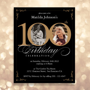 Papier Black Gold Budget Photo 100th Birthday Invitation