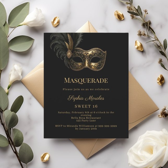 Papier Black gold Masquerade party Sweet 16 invitation (Créateur téléchargé)