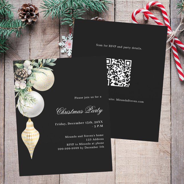 Papier Black gold QR code Christmas Party invitation (Créateur téléchargé)