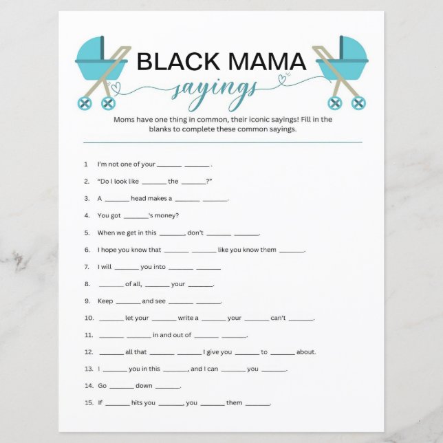 Papier Black Mama Sayers jeu, Black Baby shower jeu (Devant)