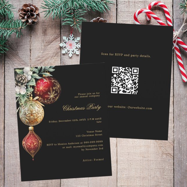 Papier Black red gold business QR Christmas invitation (Créateur téléchargé)