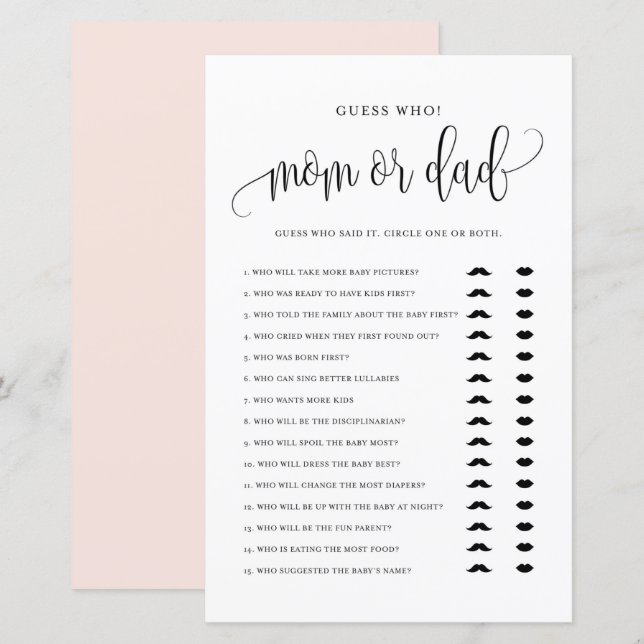 Papier Black Script Devinez Qui Maman ou Papa Baby shower (Devant / Derrière)
