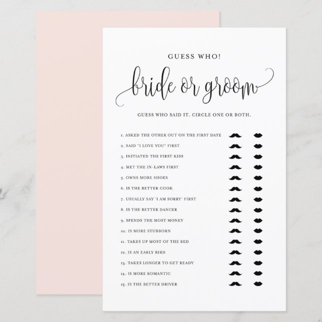 Papier Black Script Gues Who Mariage ou Groom Douche Jeu (Devant / Derrière)