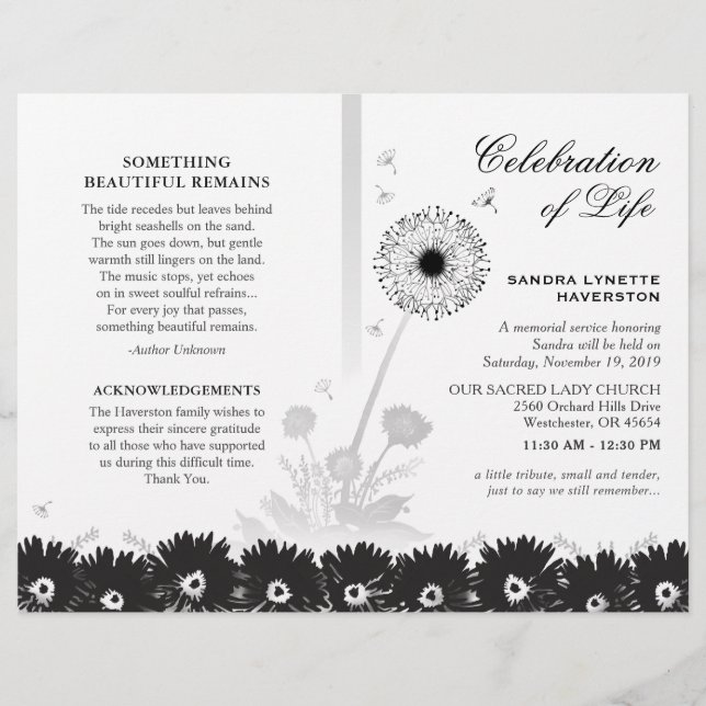 Papier Black & White Floral Funeral Program avec photo (Devant)