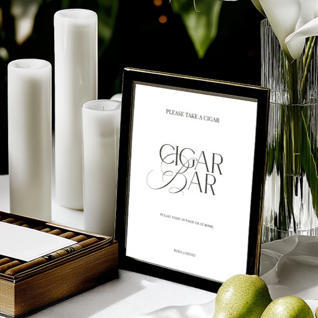 Papier Black & White Minimalist Cigar Bar Wedding Sign (Elegant Black & White Minimalist Cigar Bar Sign)