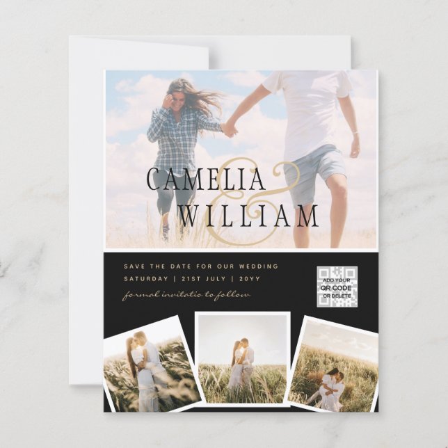 Papier Black White PHOTO Wedding Inviter QR CODE Enregist (Devant)