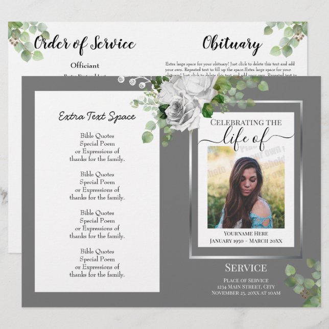 Papier Blanc Floral Simple Photo Funéraire Budget du prog (Devant / Derrière)