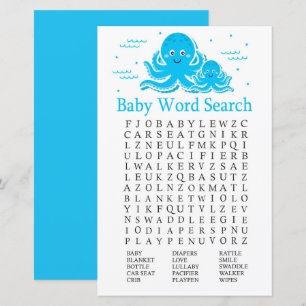 Papier Bleu Baby shower Octopus Word Recherche Jeu