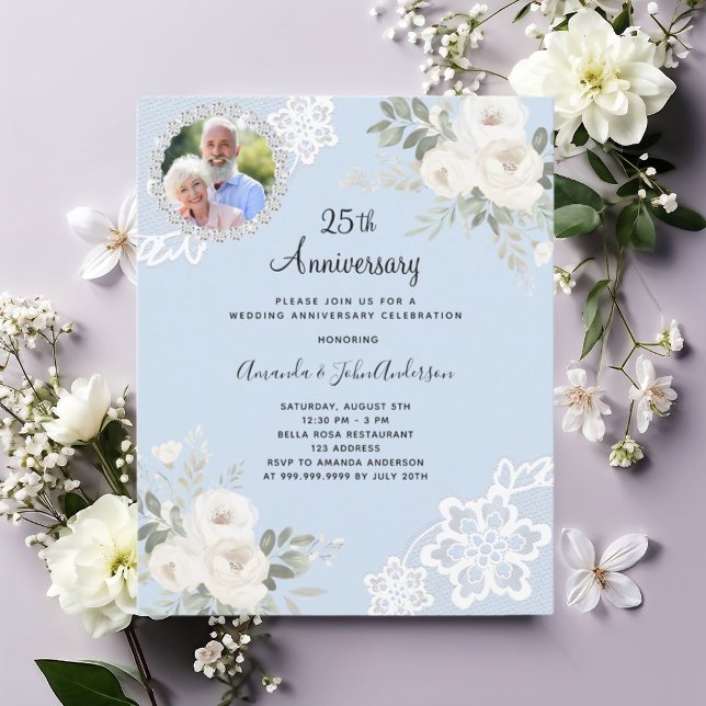 Papier Bleu blanc floral photo 25e faire-part de mariage (Créateur téléchargé)