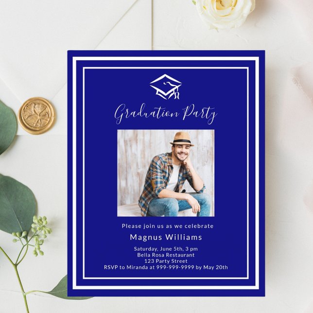 Papier Bleu bleu marine photo Graduation Party invitation (Créateur téléchargé)