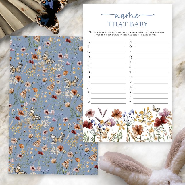 Papier Bleu Boho : Trouvez le nom de ce bébé (Dusty Blue Boho Floral Name That Baby Game Card with Butterfly by Painted Paperie
)