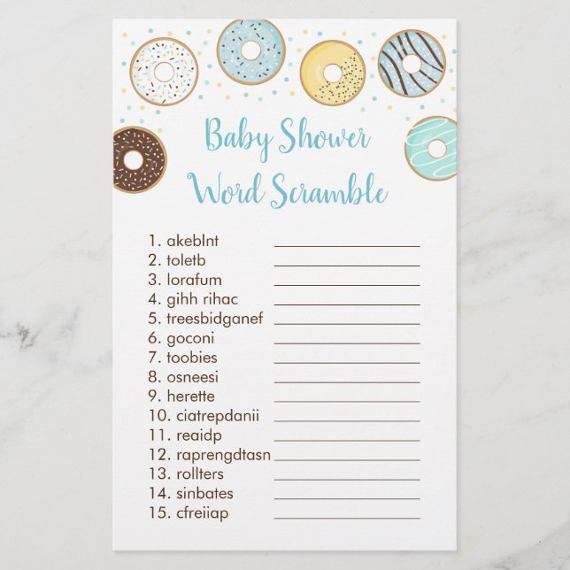 Papier Bleu Donut Baby shower Word Scramble Jeu (Devant)