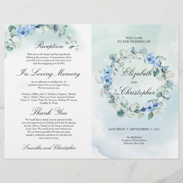 Papier Bleu Dusty Floral Verdure Eucalyptus Mariage (Devant)