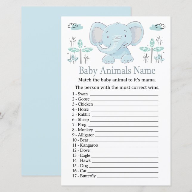 Papier Bleu éléphant Bébé Animaux Nom Jeu (Devant / Derrière)