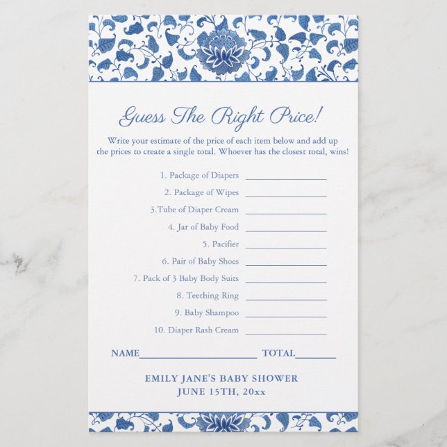 Papier Bleu Et Blanc Devinez Le Jeu Baby shower Prix (Devant)
