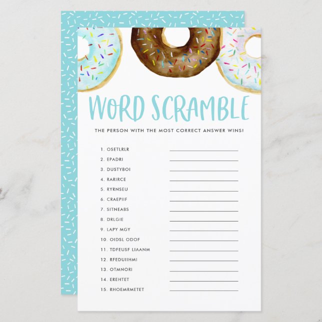 Papier Bleu et chocolat Donuts Baby Word Scramble Jeu (Devant / Derrière)