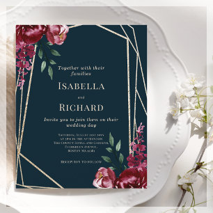 Papier Bleu Marine   Faire-part de mariage Floral Bourgog