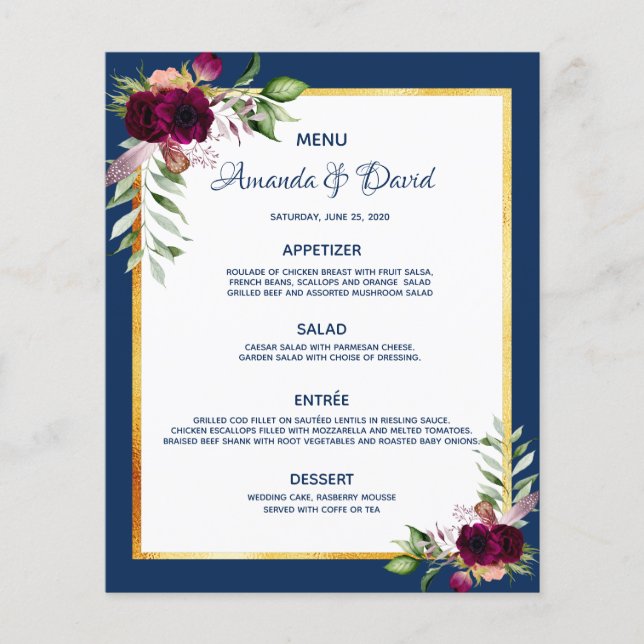 Papier bleu marine mariage florales bordeaux (Devant)