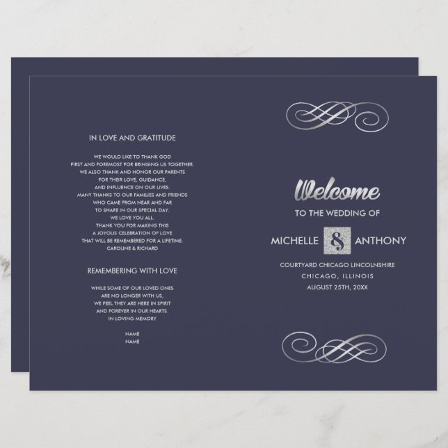 Papier Bleu Marine | Silver Elegant Folded Wedding Progra (Devant / Derrière)