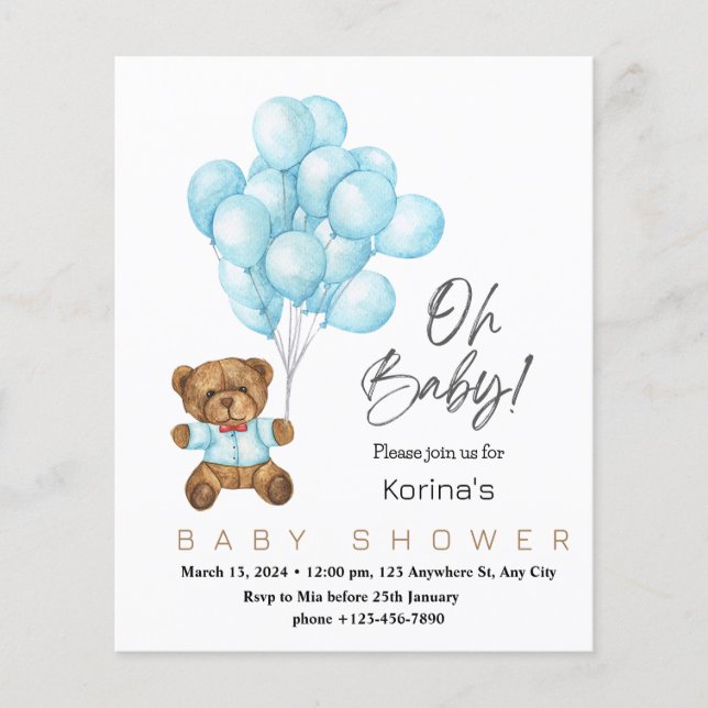 Papier Bleu mignon Oh baby shower invitation avec bea Ted (Devant)