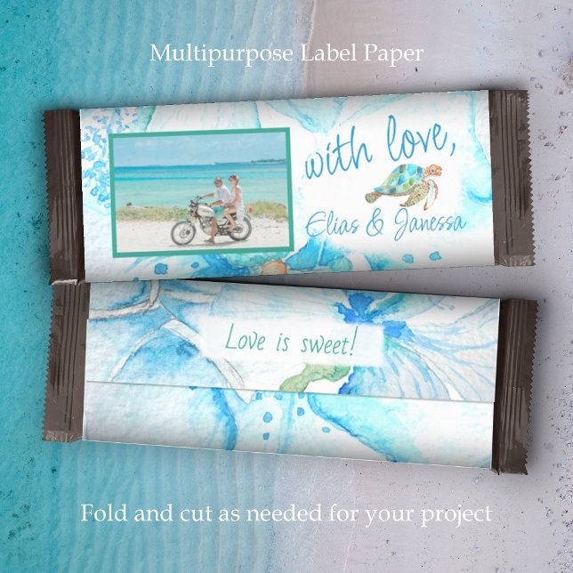 Papier Blue, Aqua Sea Turtle Mariage Candy Bar Wrapper (Tropical blue orchids, sea turtle wedding chocolate candy bar, personalized wrapper label favors tag)