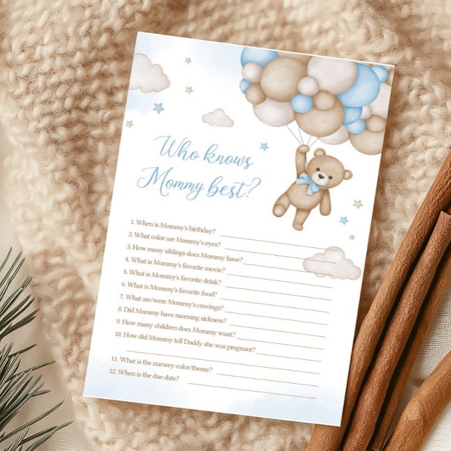 Papier Blue Bear Balloons Baby shower Qui Connaît Le Meil (Blue Bear Baby Shower Who knows Mommy Best Game)