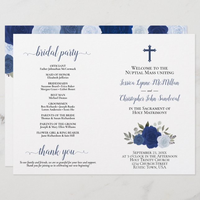 Papier Blue Boho Roses do-it-yourself Pold Catholic Weddi (Devant / Derrière)