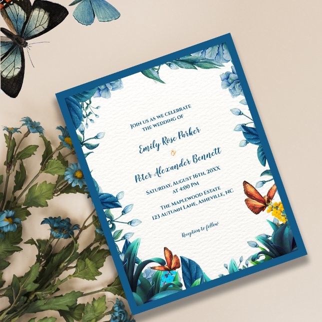 Papier Blue Botanical Butterfly Wedding Invitation (Blue Botanical Butterfly Wedding Invitation)