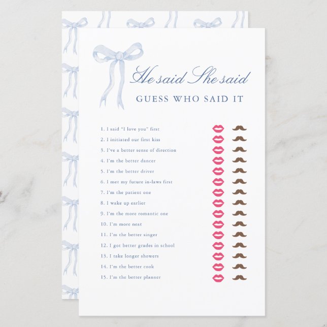 Papier Blue Bow Il Dit Qu'Elle A Dit Fête des mariées Gam (Devant / Derrière)