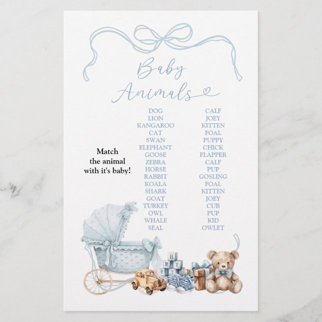 Papier Blue Coquette Carriage Baby Animals Game Sign (Devant)