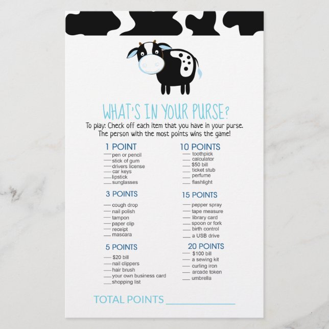 Papier Blue Dairy Cow What's in Your Purse Game (Devant)