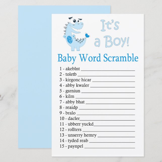 Papier Blue Dinosaur Baby mot scramble jeu (Devant / Derrière)