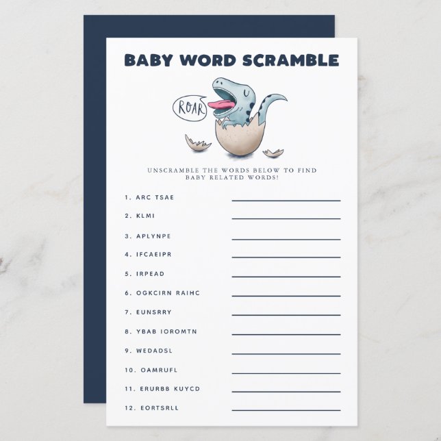Papier Blue Dinosaur Baby Word Scramble Jeu (Devant / Derrière)