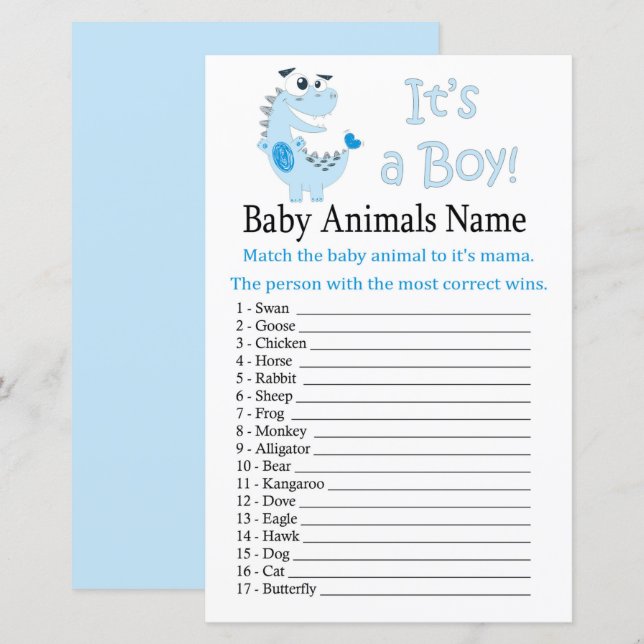 Papier Blue Dinosaur Bébé Animaux Nom Jeu (Devant / Derrière)