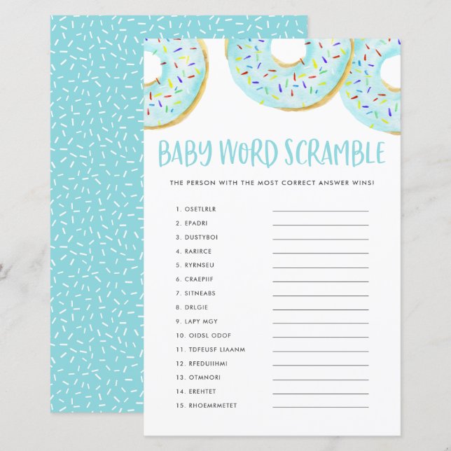 Papier Blue Donuts Baby Word Scramble Baby shower Jeu (Devant / Derrière)