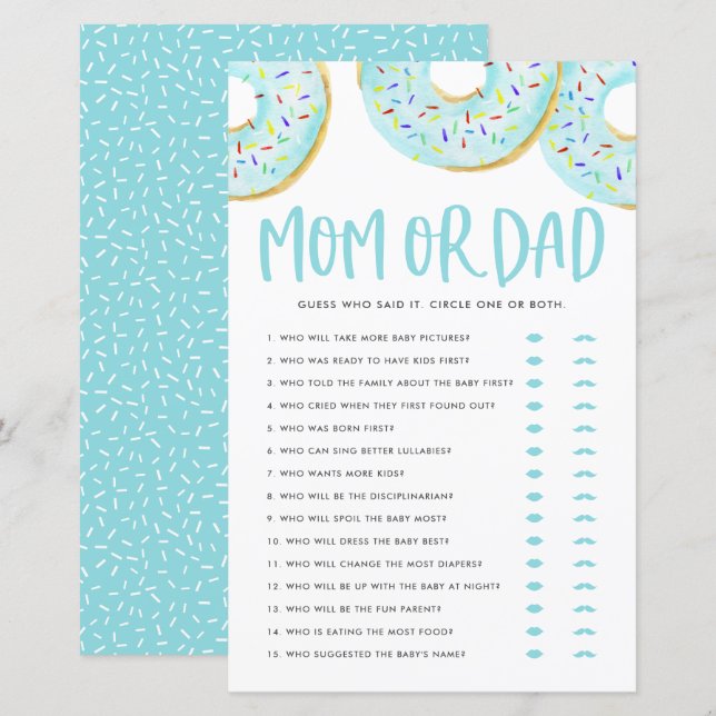 Papier Blue Donuts Devinez Qui Maman ou Papa Baby shower  (Devant / Derrière)