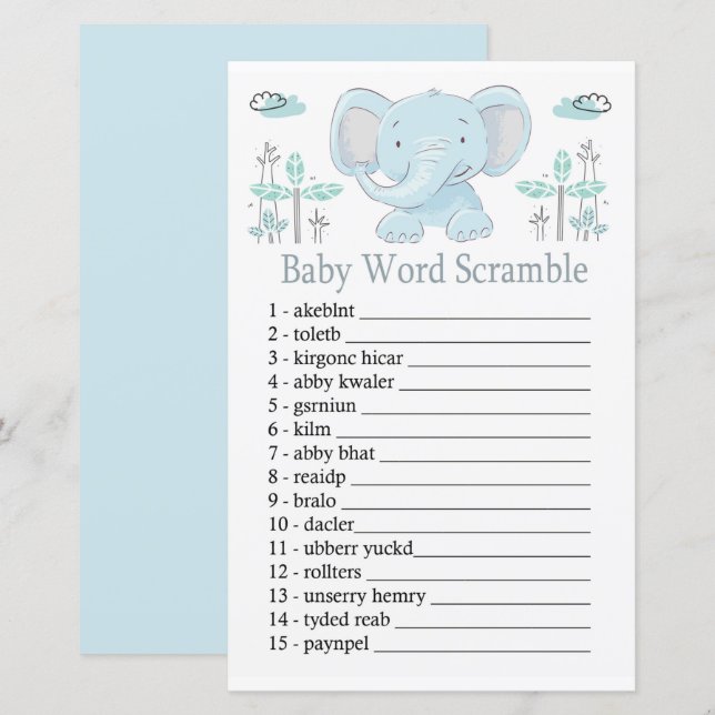 Papier Blue éléphant Baby mot scramble jeu (Devant / Derrière)