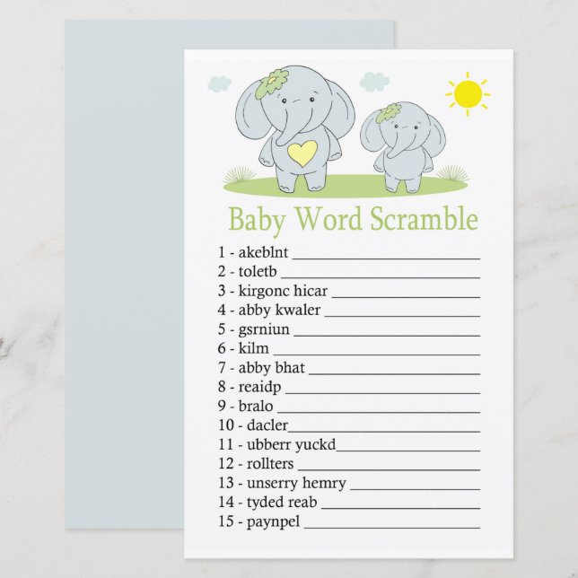 Papier Blue éléphant Baby mot scramble jeu (Devant / Derrière)
