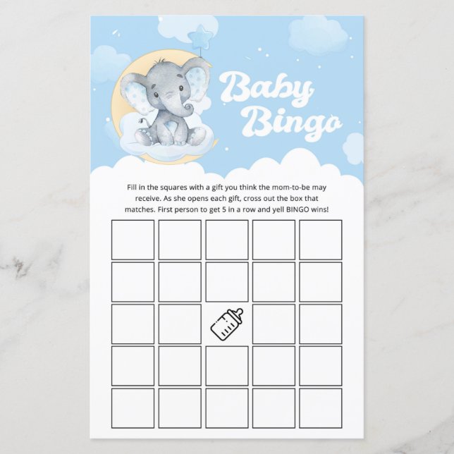 Papier Blue Elephant Baby shower Jeu de Bingo (Devant)