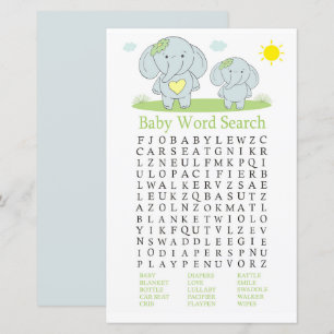 Papier Blue éléphant Baby shower Word Recherche Jeu