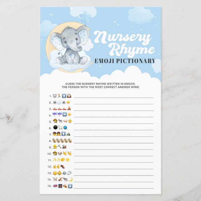 Papier Blue Elephant Nursery Rhyme Emoji Pictionary Jeu (Devant)