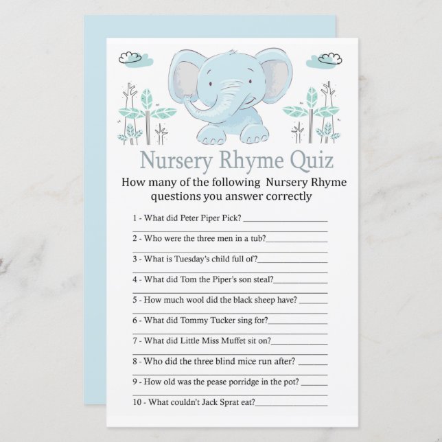 Papier Blue éléphant Nursery Rhyme jeu de baby shower (Devant / Derrière)
