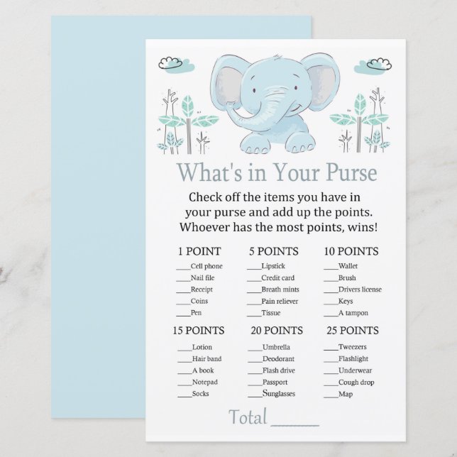 Papier Blue elephant Qu'est-ce qu'il y a dans votre sac à (Devant / Derrière)