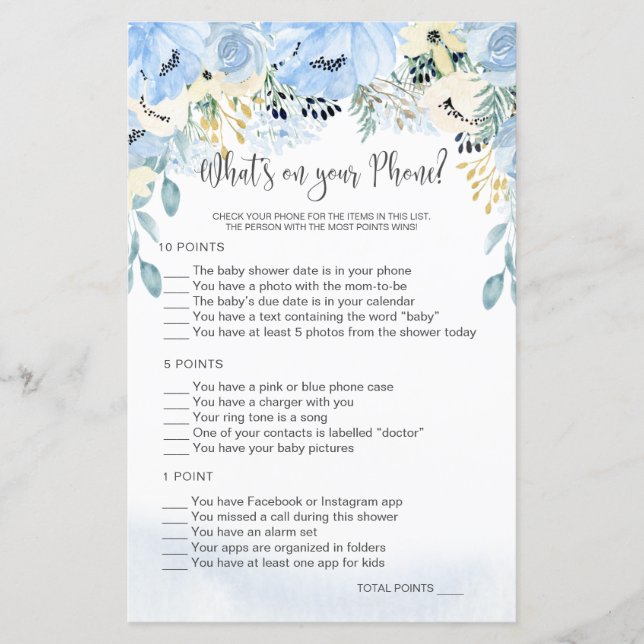 Papier Blue Floral Baby shower Qu'y a-t-il sur votre jeu  (Devant)