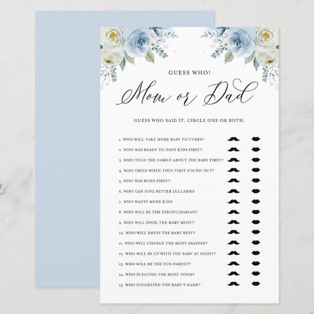 Papier Blue Floral Devinez Qui maman ou papa Baby shower  (Devant / Derrière)