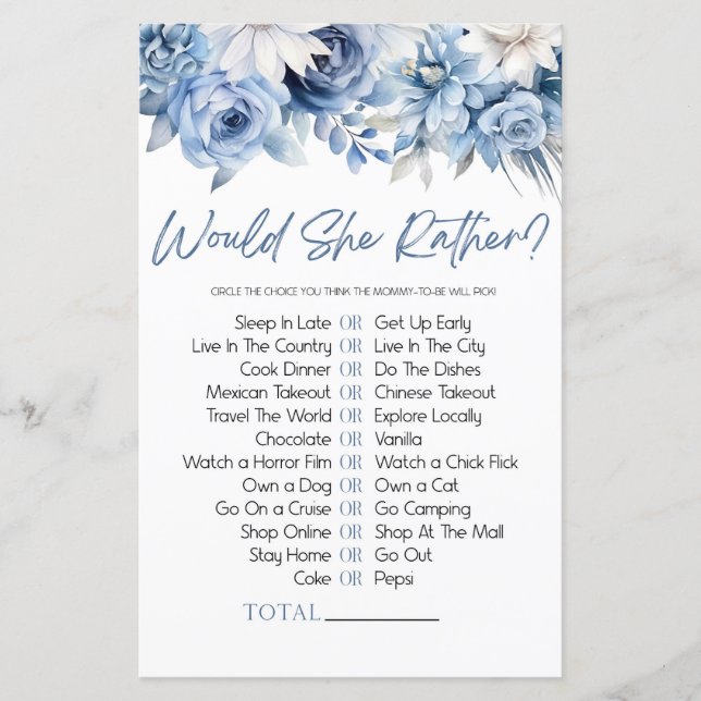 Papier Blue Floral Voudrait-Elle Plutôt Baby shower Jeu (Devant)